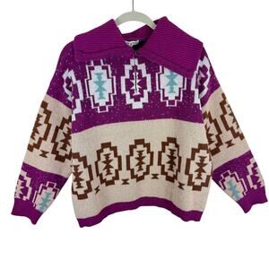 Woven Heart‎ Pink Aztec Western Patterned Collared 1/4 Zip Pullover Sweater Sz L
